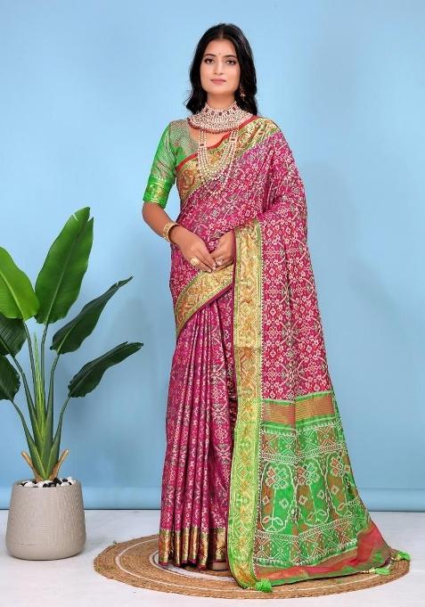 Magenta Meena Weaving Work Silk Saree Set