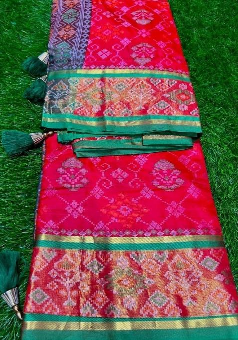 Red Meena Weaving Work Silk Saree Set