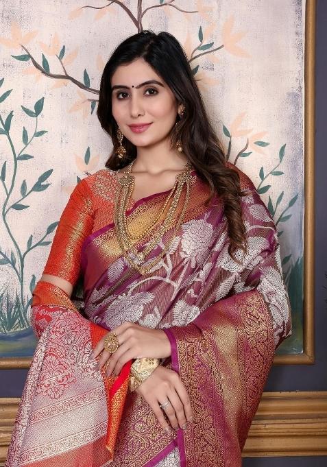 Magenta Meena Weaving Work Silk Saree Set