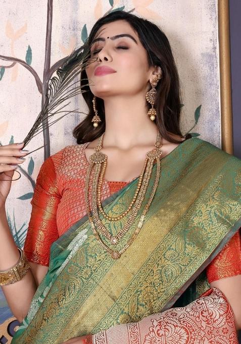 Pista Meena Weaving Work Silk Saree Set