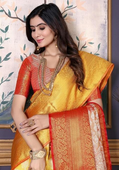 Yellow Meena Weaving Work Silk Saree Set