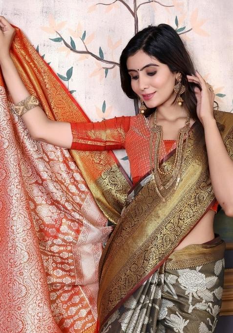 Mehendi Meena Weaving Work Silk Saree Set