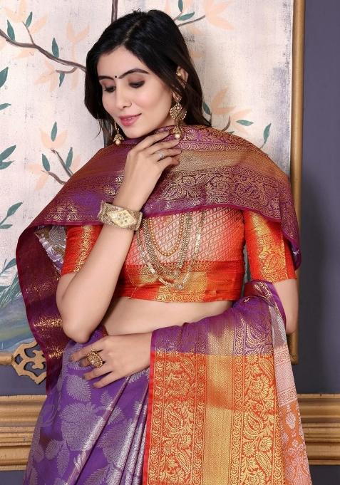 Purple Meena Weaving Work Silk Saree Set