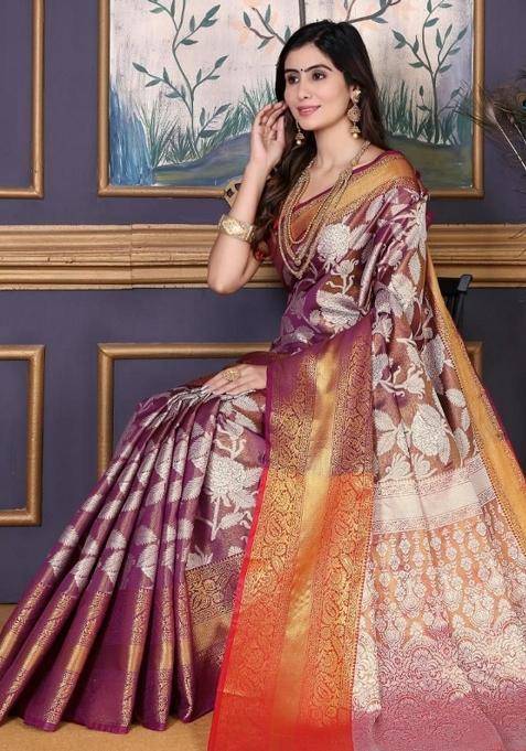 Magenta Meena Weaving Work Silk Saree Set