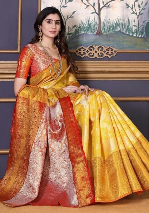 Yellow Meena Weaving Work Silk Saree Set