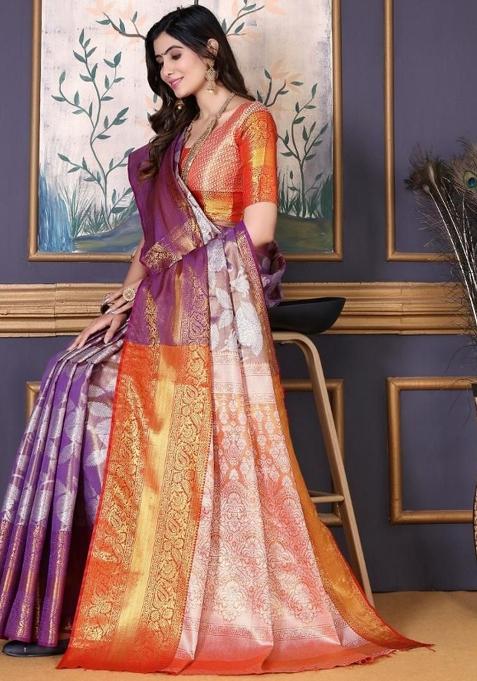 Purple Meena Weaving Work Silk Saree Set