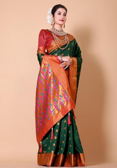 Green Meena Weaving Work Silk Saree Set