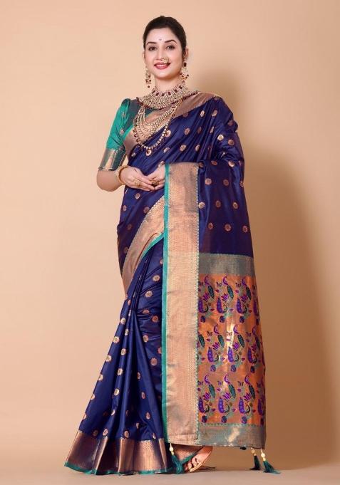 Blue Meena Weaving Work Silk Saree Set