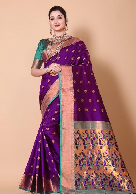 Magenta Meena Weaving Work Silk Saree Set