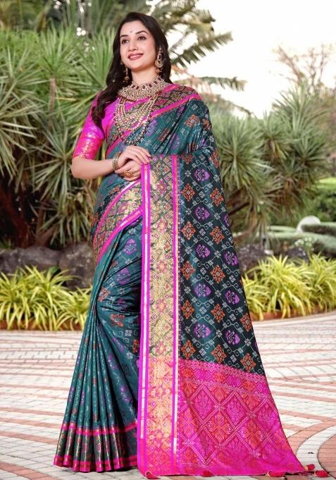 Blue Meena Weaving Work Silk Saree Set