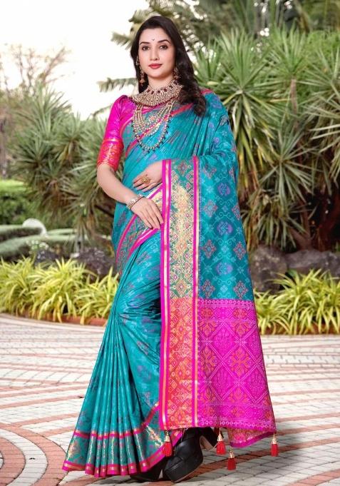 Turquoise Meena Weaving Work Silk Saree Set