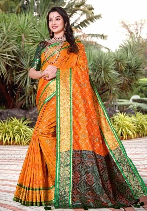 Yellow Meena Weaving Work Silk Saree Set