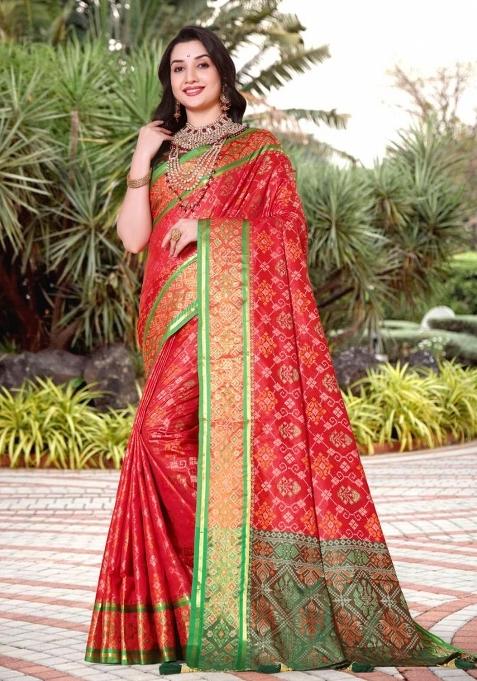 Red Meena Weaving Work Silk Saree Set