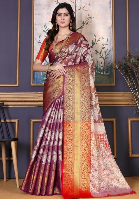 Wine Meena Weaving Work Silk Saree Set