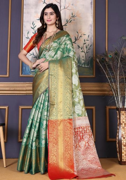 Sea Green Meena Weaving Work Silk Saree Set