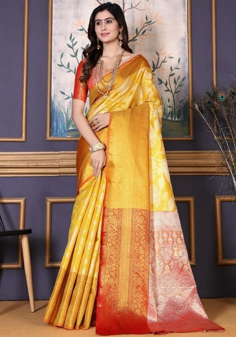 Yellow Meena Weaving Work Silk Saree Set