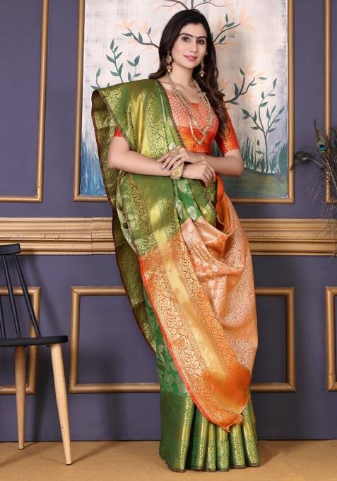 Green Meena Weaving Work Silk Saree Set