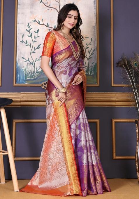 Purple Meena Weaving Work Silk Saree Set