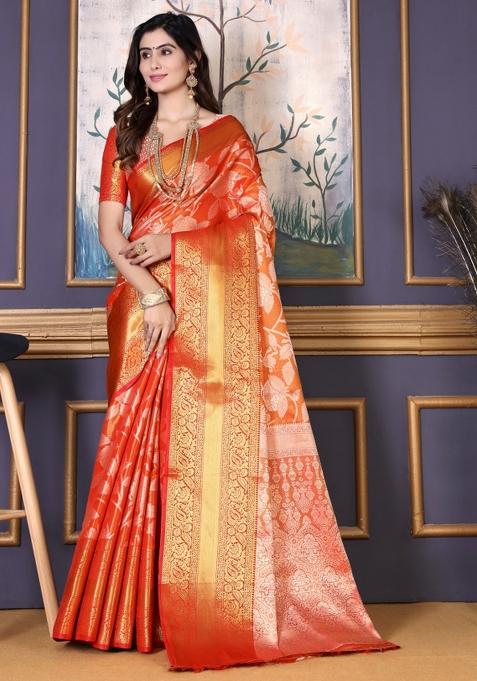 Orange Meena Weaving Work Silk Saree Set