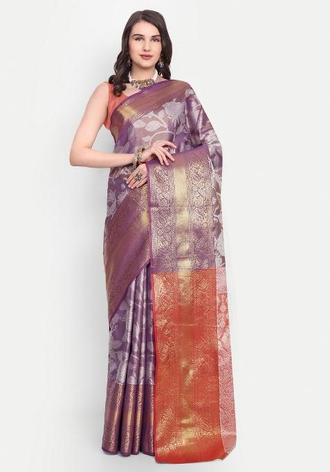Purple Meena Weaving Work Silk Saree Set