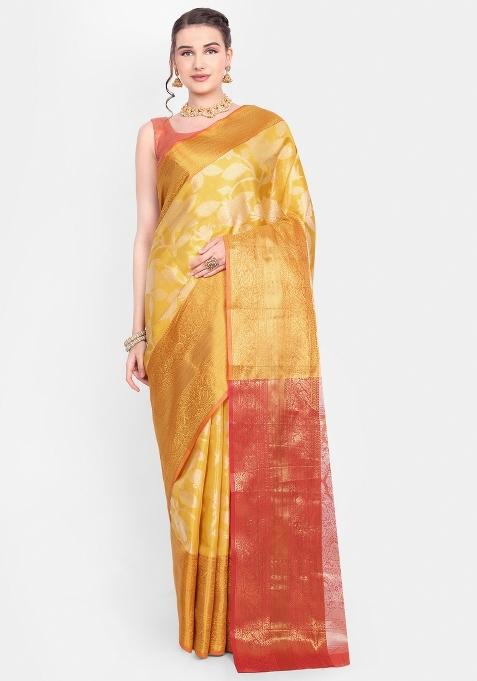 Yellow Meena Weaving Work Silk Saree Set