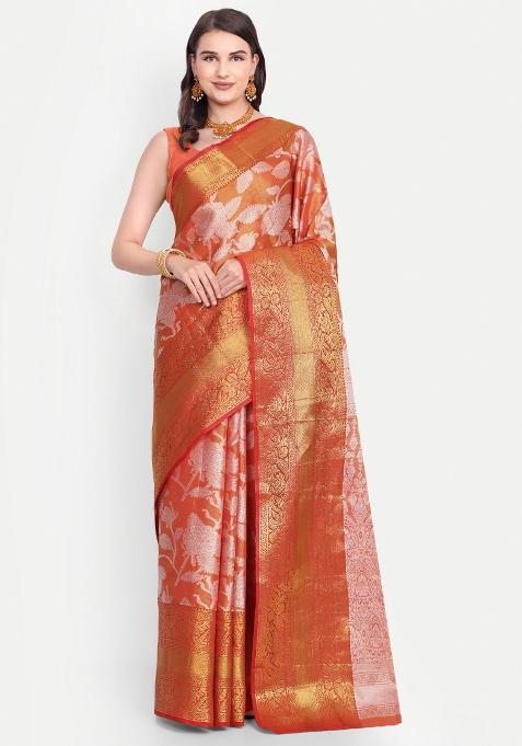 Orange Meena Weaving Work Silk Saree Set