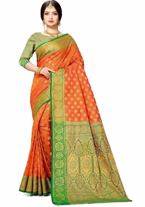 Orange Meena Weaving Work Silk Saree Set