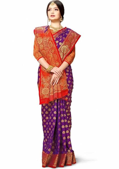 Purple Meena Weaving Work Silk Saree Set