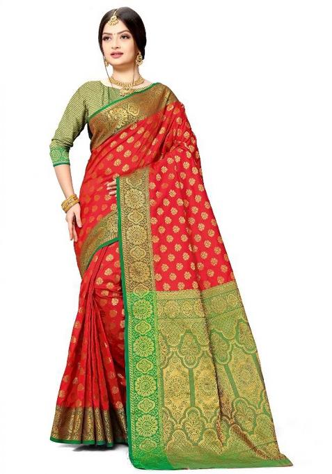Red Meena Weaving Work Silk Saree Set