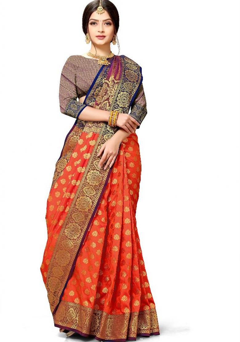 Magenta Meena Weaving Work Silk Saree Set - Indya