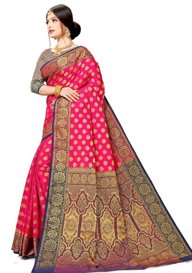 Rani Pink Meena Weaving Work Silk Saree Set - Indya