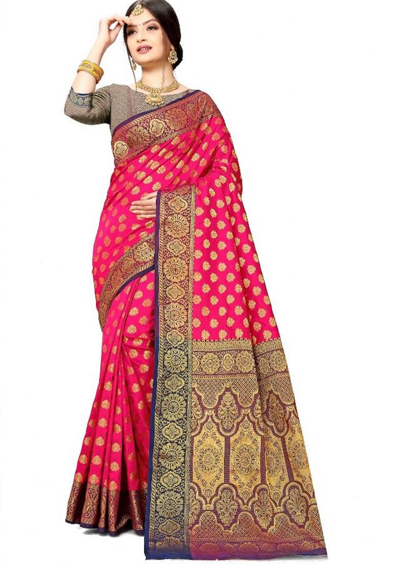 Rani Pink Meena Weaving Work Silk Saree Set - Indya
