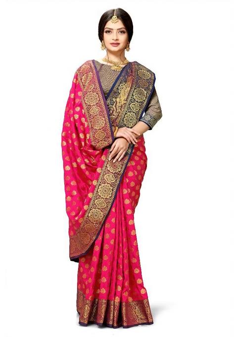 Rani Pink Meena Weaving Work Silk Saree Set