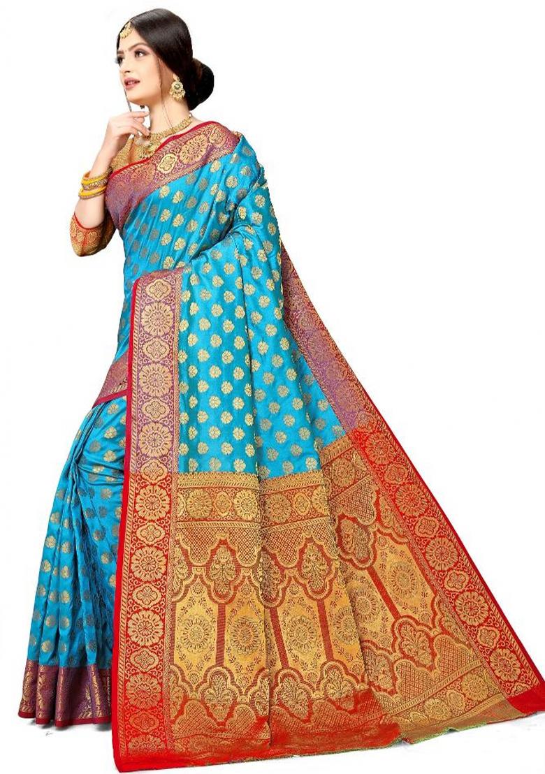 Light Blue Meena Weaving Work Silk Saree Set - Indya