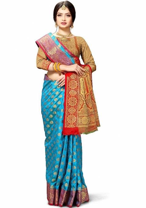 Light Blue Meena Weaving Work Silk Saree Set