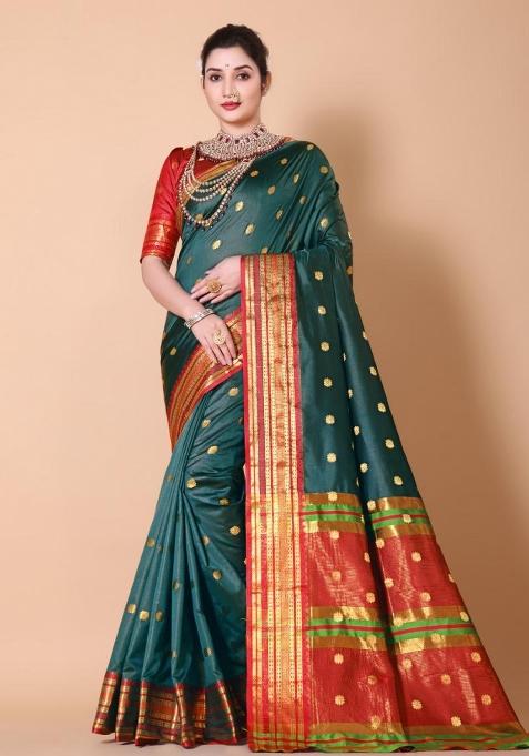 Teal Zari Work Silk Saree Set