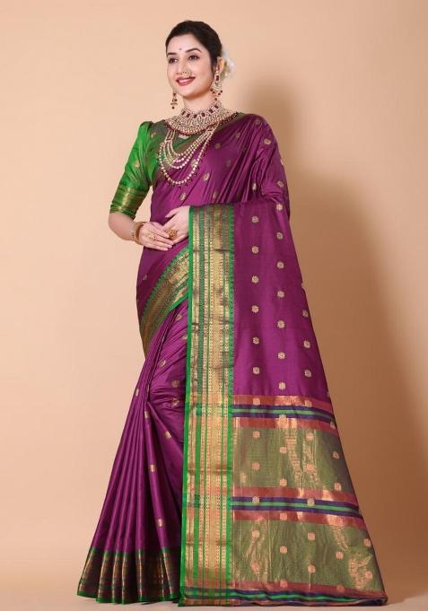 Purple Zari Work Silk Saree Set
