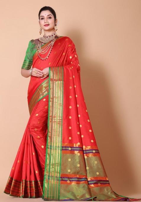 Red Zari Work Silk Saree Set