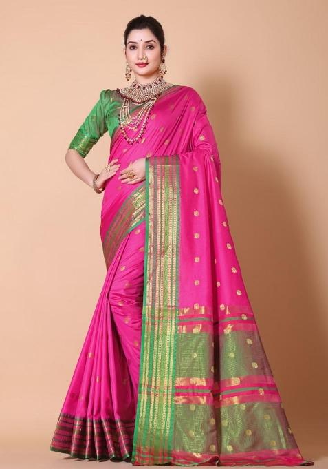 Pink Zari Work Silk Saree Set