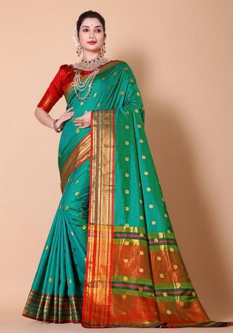 Sea Green Zari Work Silk Saree Set