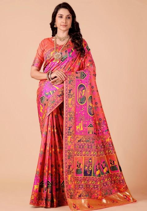 Multicolor Meena Weaving Work Silk Saree Set