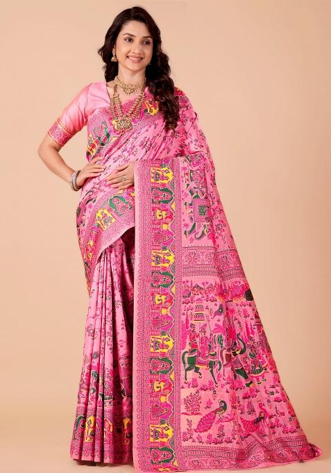 Multicolor Meena Weaving Work Silk Saree Set