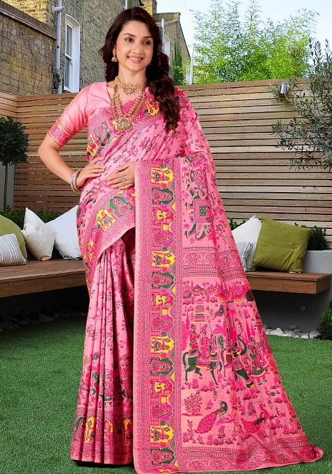 Multicolor Meena Weaving Work Silk Saree Set