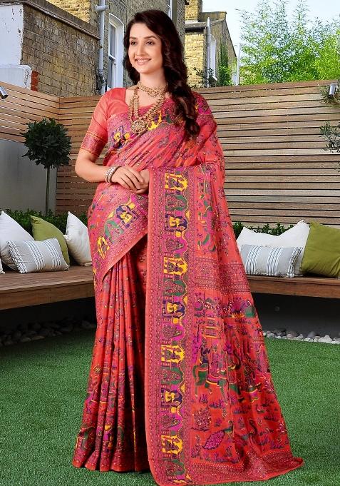 Multicolor Meena Weaving Work Silk Saree Set