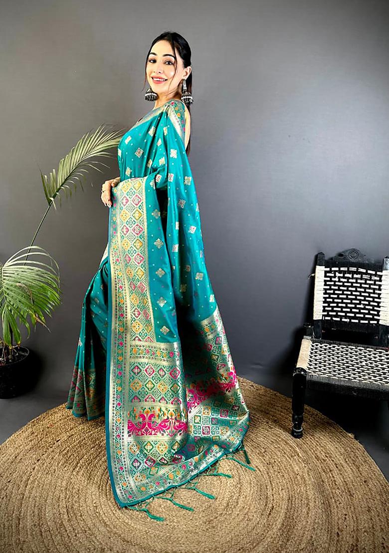 Teal Meenakari Weaving Silk Saree Set - Indya