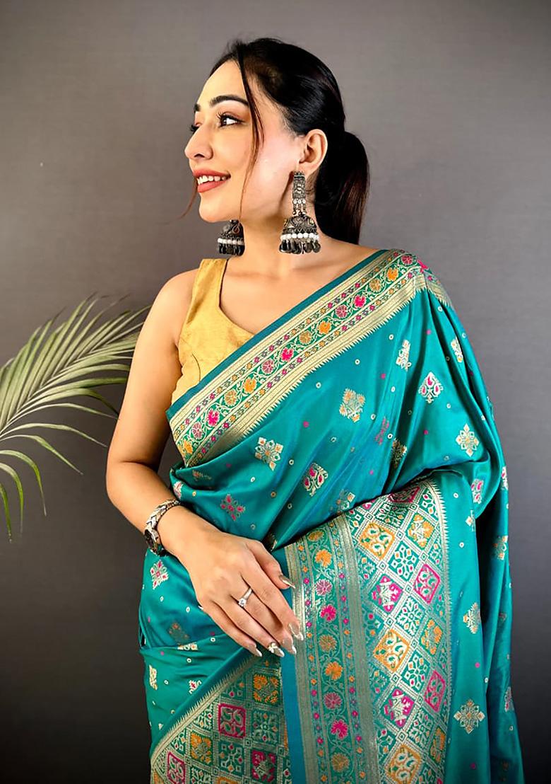 Teal Meenakari Weaving Silk Saree Set - Indya
