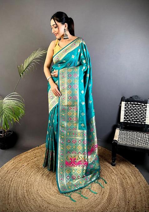 Teal Meenakari Weaving Silk Saree Set