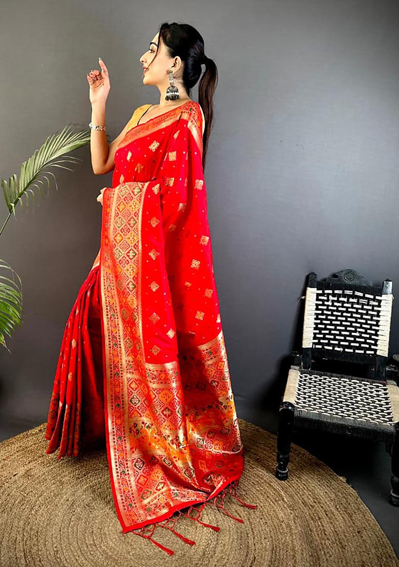 Red&nbsp; Meenakari Weaving Silk Saree Set - Indya