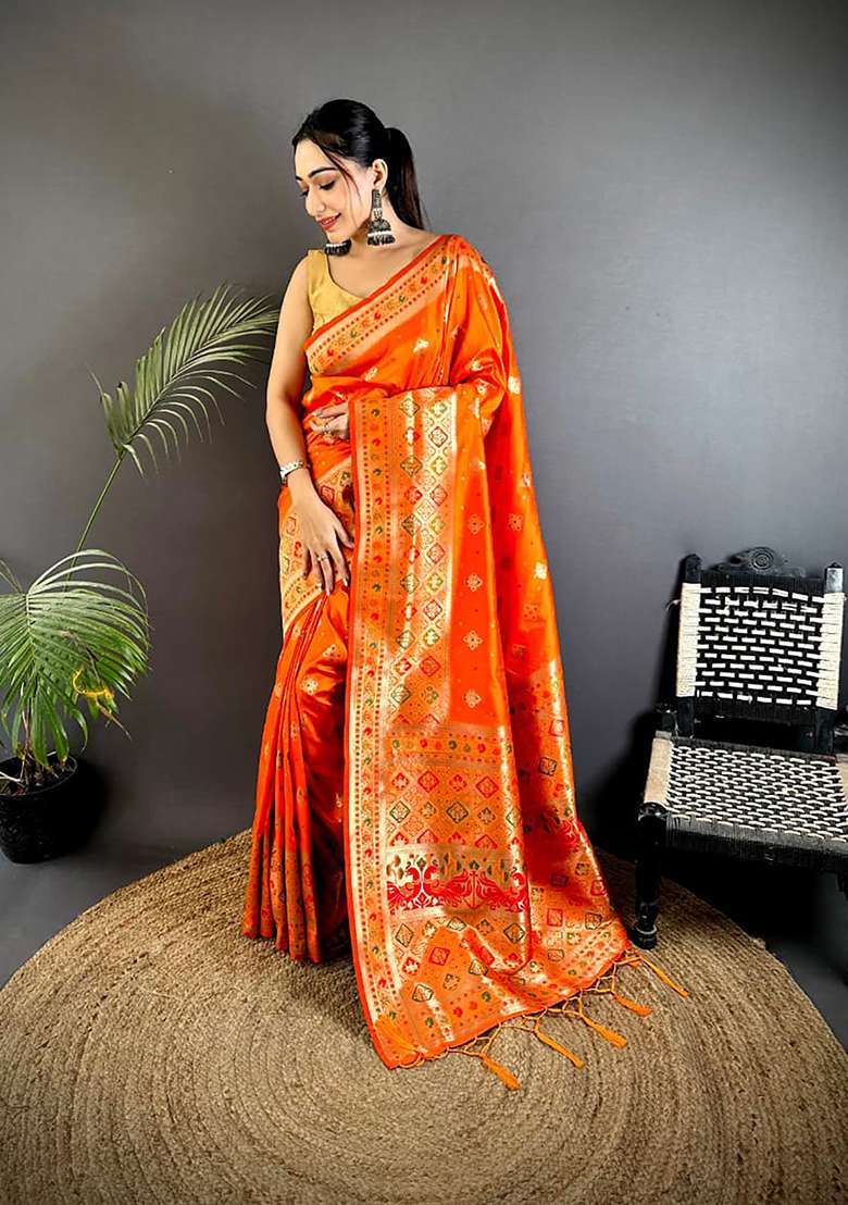 Orange Meenakari Weaving Silk Blend Saree Set for Diwali and Festive Wear - Indya