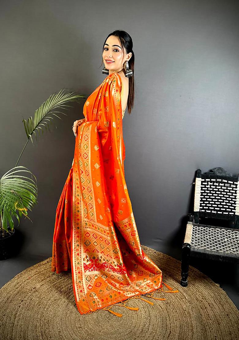 Orange Meenakari Weaving Silk Saree Set - Indya